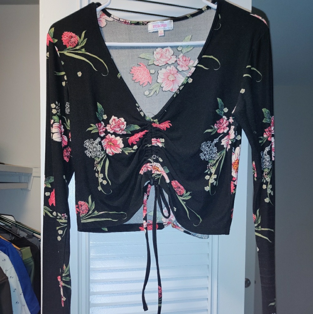 Floral Black adjustible Tie up Long Sleeve Top
